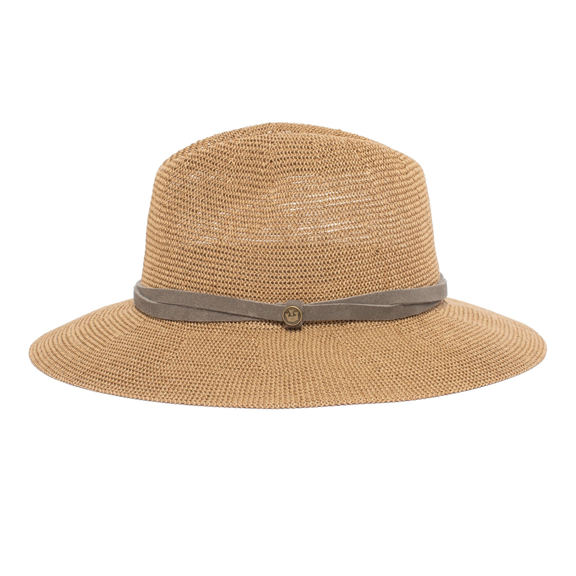 Goorin Bros. fatima center dent wide brim paper poly blend fedora hat Camel side view