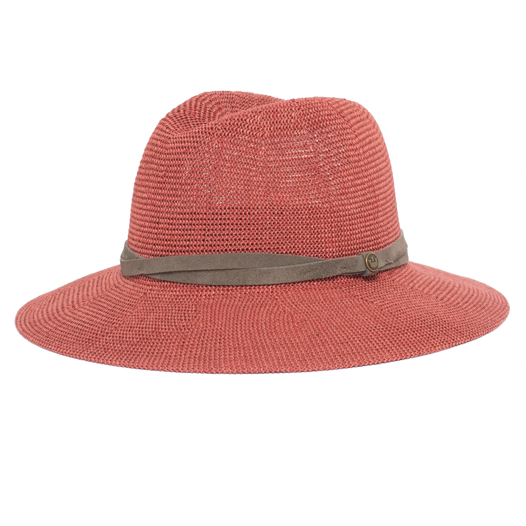 Goorin Bros. fatima center dent wide brim paper poly blend fedora hat Coral left side view