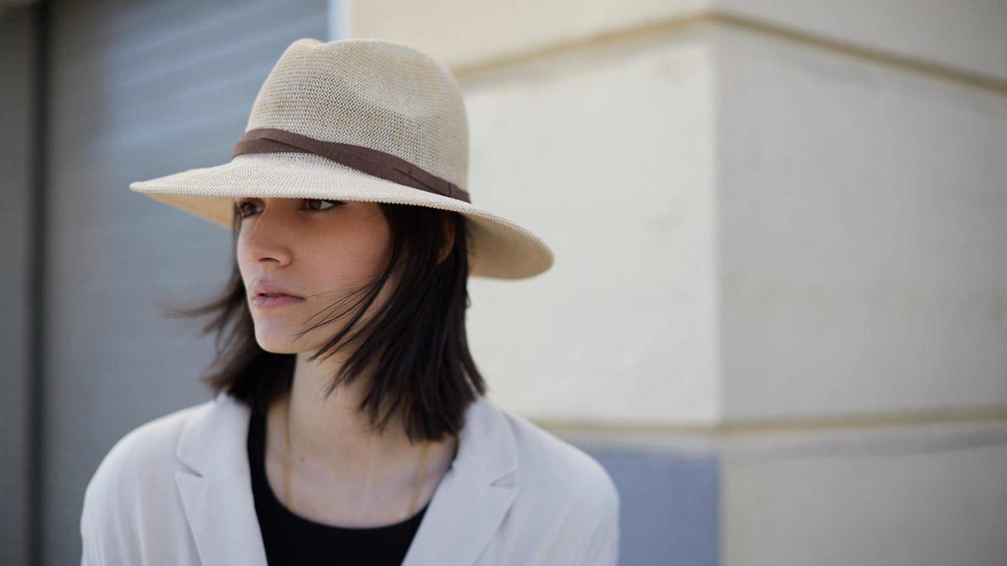 Goorin Bros. fatima center dent wide brim paper poly blend fedora hat Creme hero shot on female model