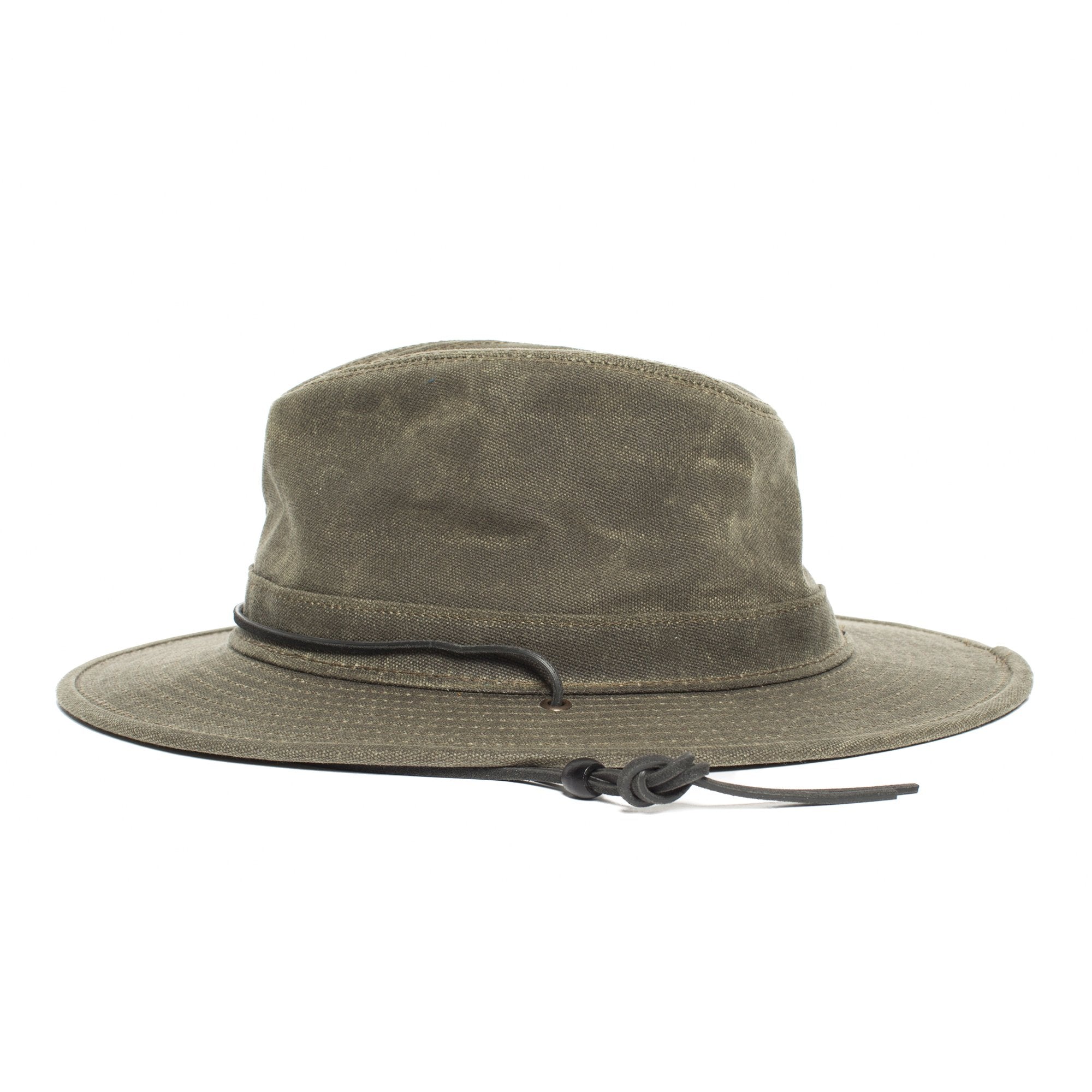 Goorin Bros. evolution valley center dent wide brim waxed cotton fedora hat Olive side view