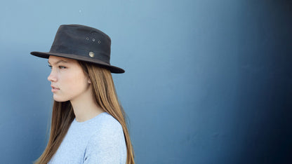 Goorin Bros. new zealand cotton classic brim fedora Brown hero shot on female model